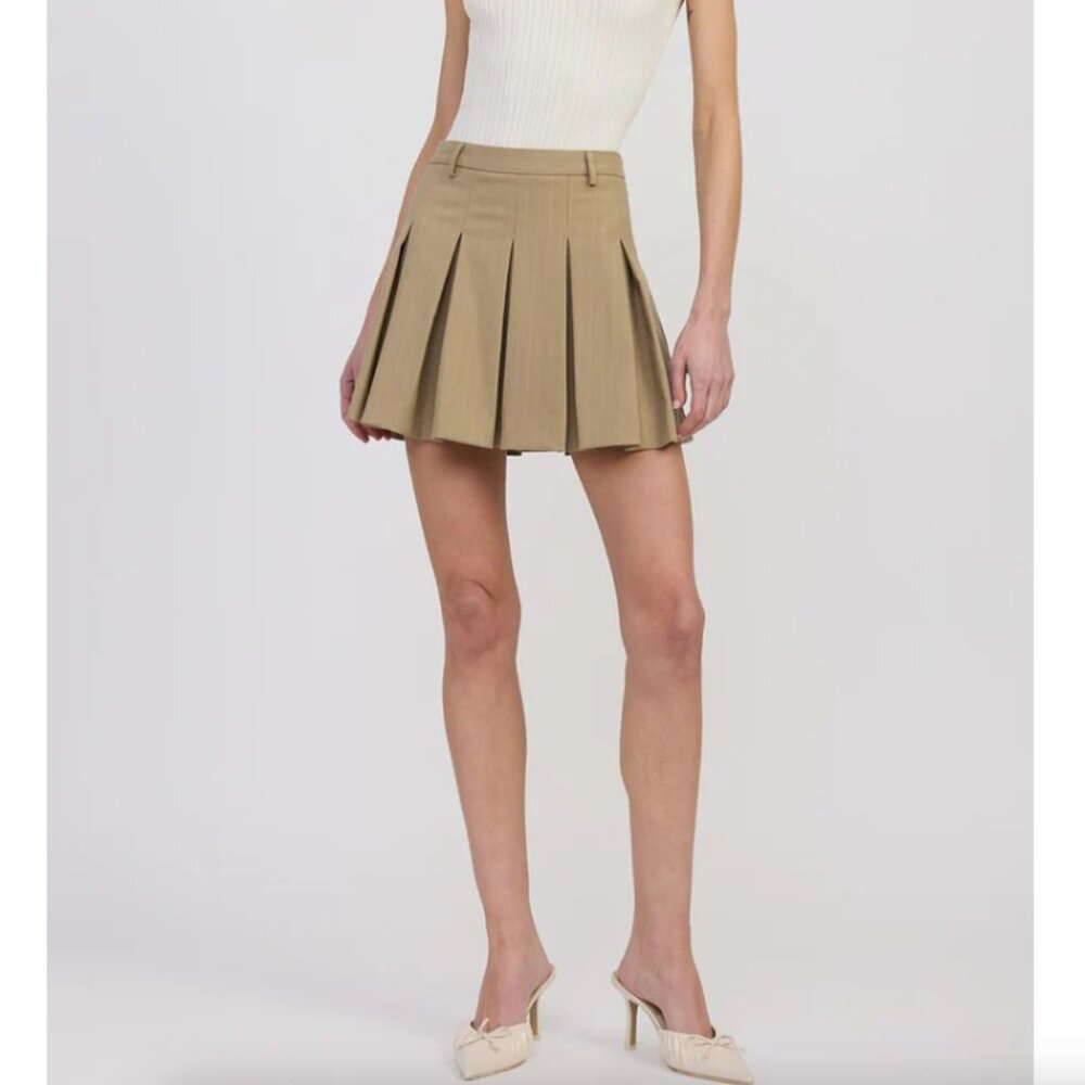 En Saison by Anthropologie Arden Tan Pinstripe Pleated Mini Skirt Size L